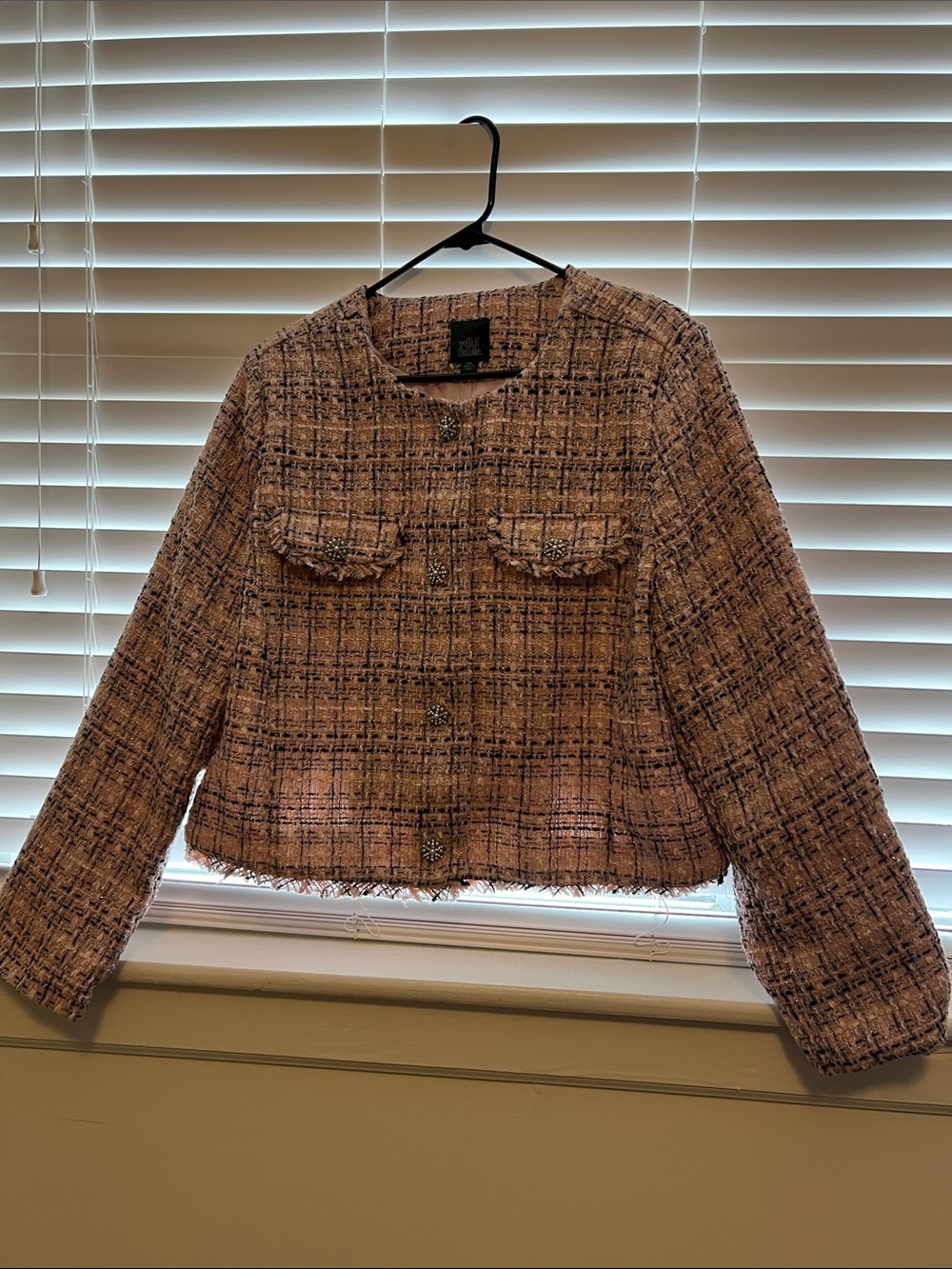 wild fable Pink Tweed Cropped Blazer with Frayed Hem